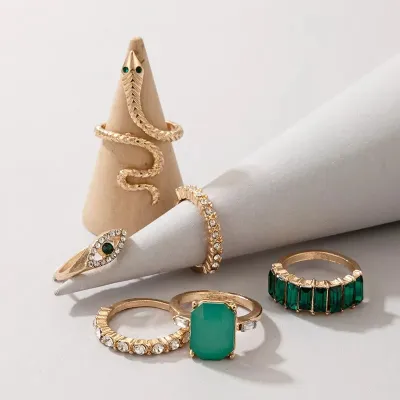 Geometric Green Snake Knuckle Ring Set (6 pcs)